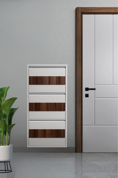 Moemi Metal Ayakkabılık 3'LÜ BEYAZ - CEVİZ Ahşap Kaplamalı Ayakkabılık