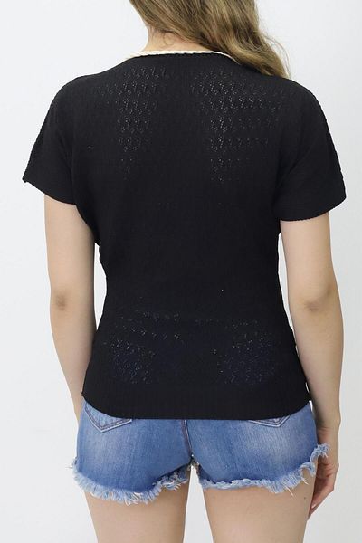 K-ODEA BUTİK Women's Black Short Sleeve Knit Sweater - Summer Breathable Thin Sweater