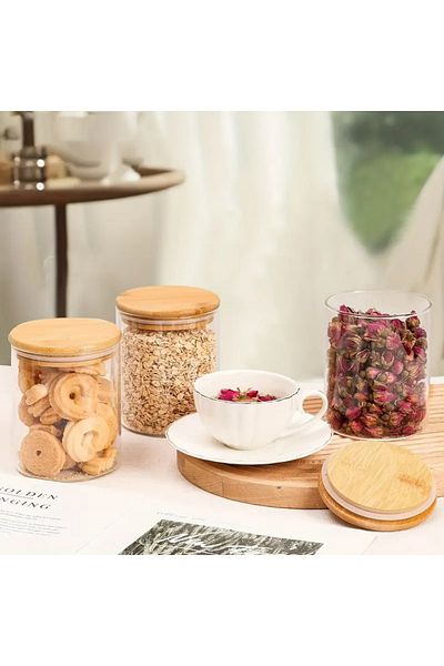 CİHO 3Pcs Glass Round Storage Jar Set with Bamboo Lid Kitchen Storage Jar 500ml