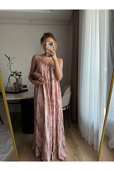 ESMA GÜL BUTİK Zincir Detaylı Desenli Pembe Uzun Elbise