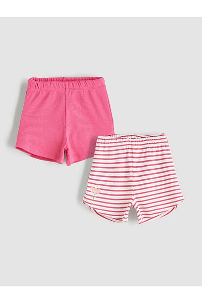 LC Waikiki Pink Elastic Waist Striped Girl's Shorts 2-Piece