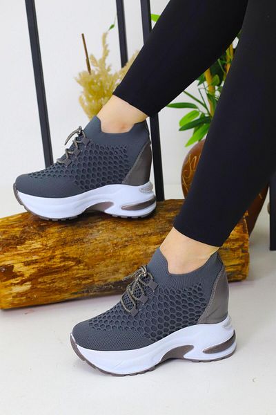 Weynes Women's Gray Knitwear Lace-Up 10 cm Hidden Heel Sports Shoes Wsb4086