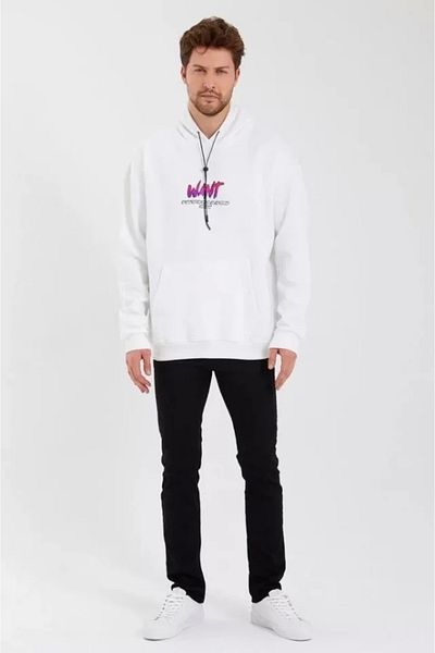 M&M Giyim Store    Men's Printed Three Thread Hooded Oversize Sweatshirt - White