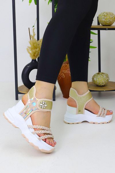 OBAY LİFE Women's Cream Braided 10 cm Hidden Heel Sandals Nbr3076