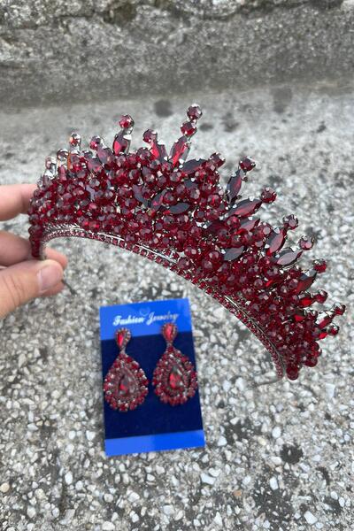 Hobigram Daisy Burgundy Crown and Drop Shuttle Earrings Set – Sparkling Evening Dress Bridal Set