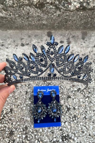 Hobigram Grace Navy Blue Bridal Crown and Wide Shuttle Earring Set – Wedding Evening Dress Accessory with Stones