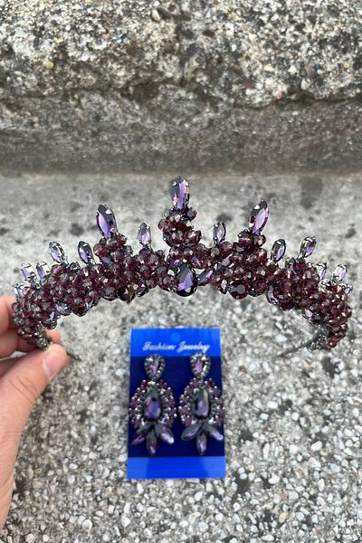 Hobigram Thalia Crown Three Shuttle Earrings Set Purple – Sparkling Evening Dress Accessory with Stones for Bridal Henna Wedding