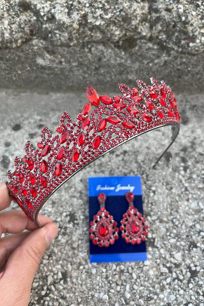 Hobigram Amara Red Crown and Drop Shuttle Earrings Set – Sparkling Evening Dress Bridal Set