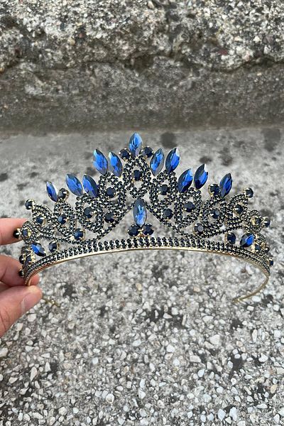 Hobigram Grace Navy Blue Gold Crown – Sparkling Stone Bridal Henna Crown, Wedding Evening Dress Accessory Model