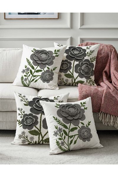 Pillow Home 3D Embroidery Looking Gray Flower Patterned Digital Printed Set of 4 Decorative Throw Pillow Cases