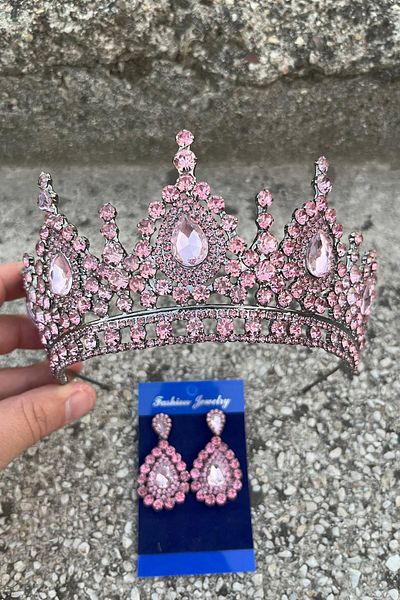 Hobigram Eveline Pink Crown Drop Shuttle Earring Set – Henna Engagement Wedding Evening Dress Accessory Set