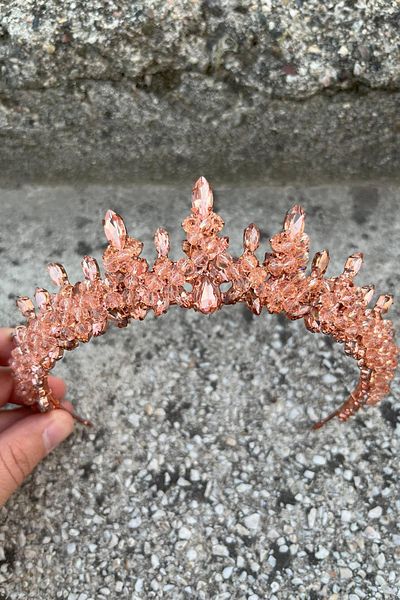 Hobigram Thalia Model Copper Crown – Bridal Henna Wedding Evening Dress with Stones Showy Hair Crown