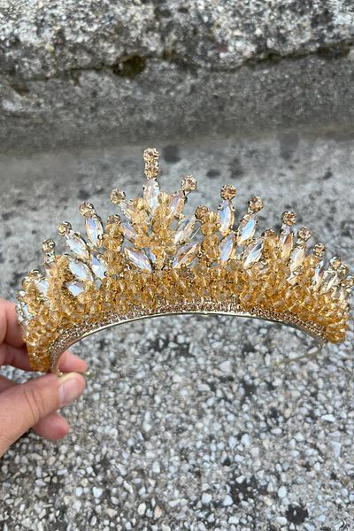 Hobigram Daisy Stone Bridal Tiara – Gold Henna Wedding Crown Model, Shiny Hair Accessory