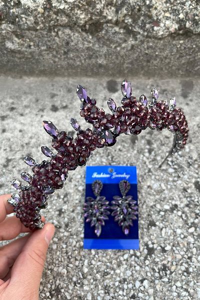 Hobigram Thalia Crown Thin Shuttle Earring Set Purple – Sparkling Evening Dress Accessory with Stones for Bridal Henna Wedding