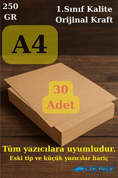 Deniz Karton 30 Adet Orijinal Kraft A4 Boy - 250 gr - Saman Kağıdı - Kraft A4 - Sertifika Kağıdı