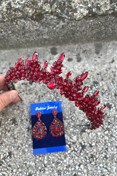 Hobigram Thalia Crown Drop Shuttle Earring Set Burgundy – Sparkling Evening Dress Accessory with Stones for Bridal Henna Wedding