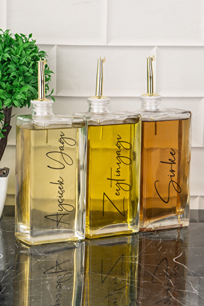 DNS HOME 3-Piece Luxury Glass Oil Pot with Gold Lid Sunflower Olive Oil Vinegar Label Sauce Bowl Oil Pot Set 500 ml