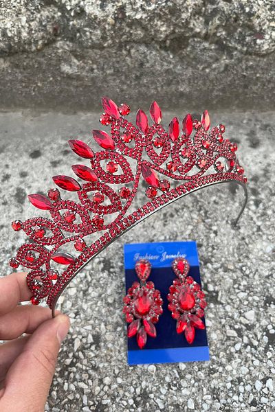Hobigram Grace Red Bridal Crown and Three Shuttle Earrings Set – Wedding Evening Dress Accessory with Stones