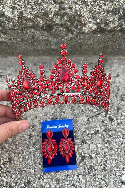 Hobigram Eveline Red Crown Thin Shuttle Earring Set – Henna Engagement Wedding Evening Dress Accessory Set