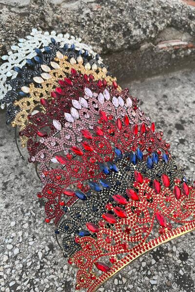 Hobigram Grace Navy Blue Bridal Crown and Wide Shuttle Earring Set – Wedding Evening Dress Accessory with Stones