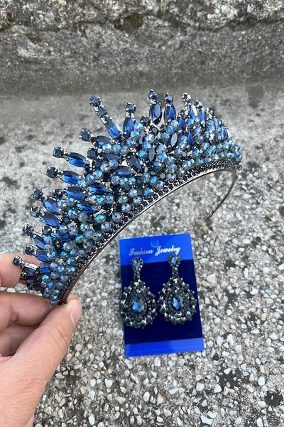 Hobigram Daisy Navy Blue Crown and Drop Shuttle Earrings Set – Sparkling Evening Dress Bridal Set