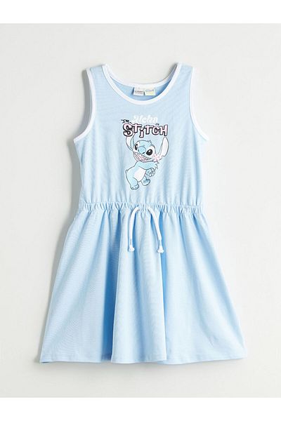 LC Waikiki Blue Crew Neck Stitch Printed Girl's Dress