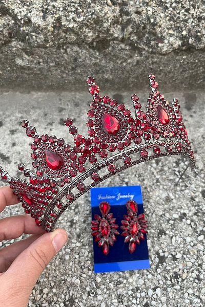 Hobigram Eveline Burgundy Crown Thin Shuttle Earring Set – Henna Engagement Wedding Evening Dress Accessory Set