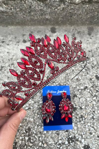 Hobigram Grace Burgundy Bridal Tiara and Three Shuttle Earrings Set – Wedding Evening Dress Accessory with Stones