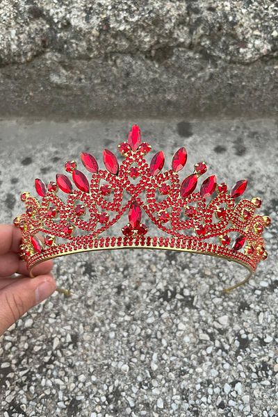Hobigram Grace Red Gold Crown – Sparkling Stone Bridal Henna Crown, Wedding Evening Dress Accessory Model