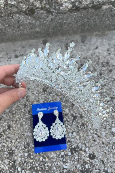 Hobigram Daisy Silver Crown and Drop Shuttle Earrings Set – Sparkling Evening Dress Bridal Set