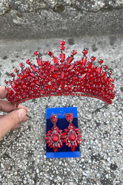 Hobigram Daisy Red Crown and Wide Shuttle Earrings Set – Sparkling Evening Dress Bridal Set