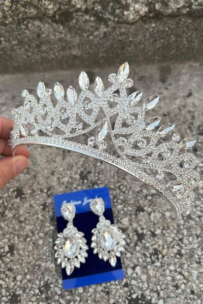 Hobigram Grace Silver Bridal Tiara and Wide Shuttle Earrings Set – Wedding Evening Dress Accessory with Stones