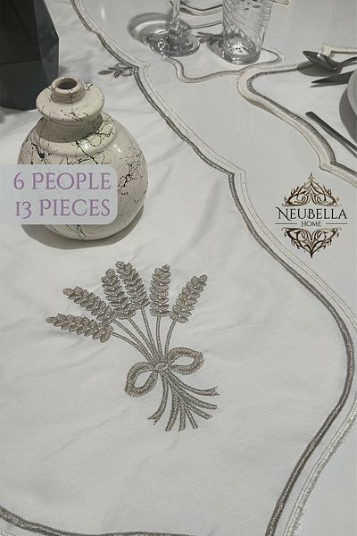 NB Neubella Home Комплект луксозни подложки за хранене Nerina от 13 части, бродирани, за 6 души, Carefree, ленена зестра