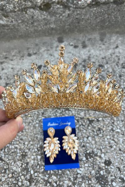Hobigram Daisy Gold Yellow Crown and Thin Shuttle Earrings Set – Sparkling Evening Dress Bridal Set