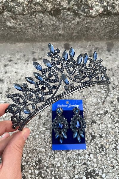 Hobigram Grace Navy Blue Bridal Crown and Three Shuttle Earrings Set – Wedding Evening Dress Accessory with Stones