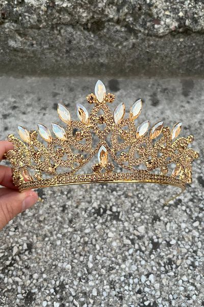 Hobigram Grace Gold Crown – Sparkling Stone Bridal Henna Crown, Wedding Evening Dress Accessory Model