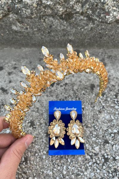 Hobigram Thalia Crown Three Shuttle Earring Set Gold – Sparkling Evening Dress Accessory with Stones for Bridal Henna Wedding