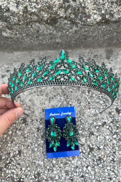 Hobigram Amara Green Crown and Three Shuttle Earrings Set – Sparkling Evening Dress Bridal Set