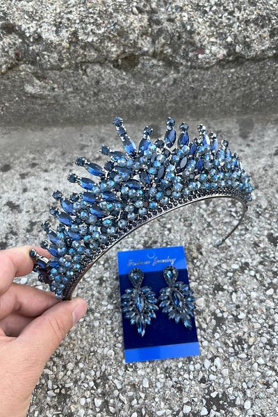 Hobigram Daisy Navy Blue Crown and Thin Shuttle Earrings Set – Sparkling Evening Dress Bridal Set