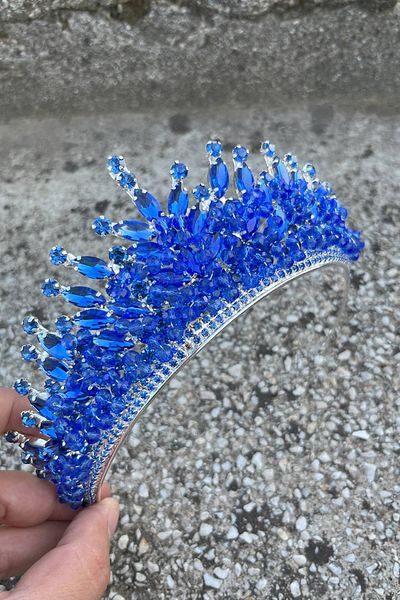 Hobigram Daisy Stone Bridal Tiara – Blue Henna Wedding Crown Model, Shiny Hair Accessory