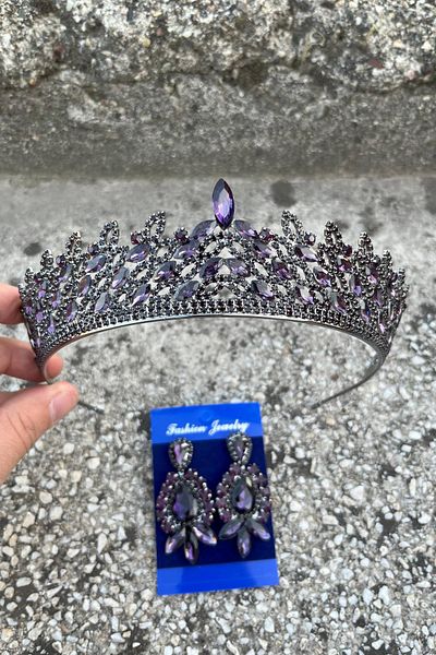 Hobigram Amara Purple Crown and Three Shuttle Earrings Set – Sparkling Evening Dress Bridal Set
