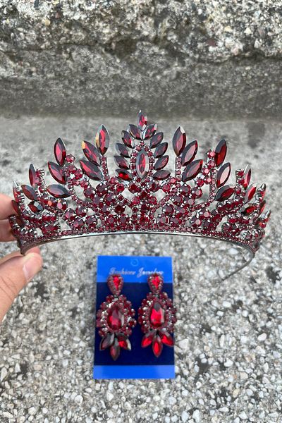Hobigram Madeline Bridal Set – Burgundy Crown and Three Shuttle Earrings Set, Henna Wedding Accessory