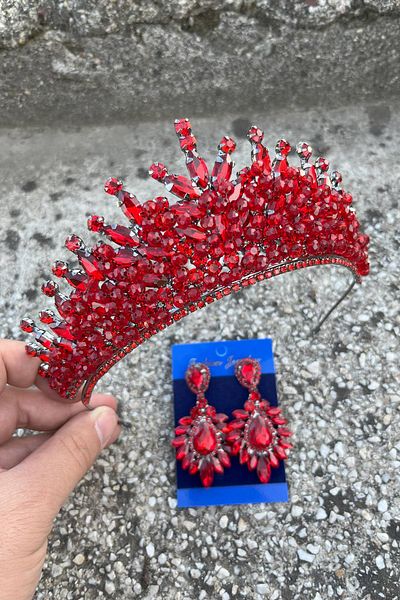 Hobigram Daisy Red Crown and Wide Shuttle Earrings Set – Sparkling Evening Dress Bridal Set