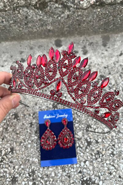 Hobigram Grace Burgundy Bridal Crown and Drop Shuttle Earring Set – Wedding Evening Dress Accessory with Stones