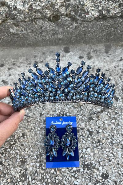 Hobigram Daisy Navy Blue Crown and Three Shuttle Earrings Set – Sparkling Evening Dress Bridal Set