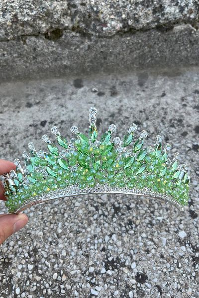 Hobigram Daisy Stone Bridal Tiara – Green Henna Wedding Crown Model, Shiny Hair Accessory