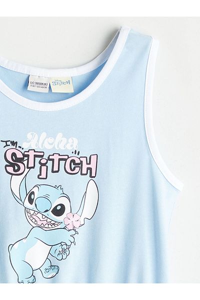 LC Waikiki Blue Crew Neck Stitch Printed Girl's Dress