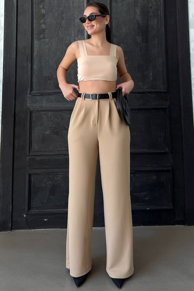 MissThetis Kemerli Yüksel Bel Çift Cepli Geniş Boru Paça Pileli Şık ve Cool L...