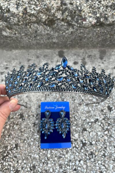 Hobigram Amara Navy Blue Crown and Thin Shuttle Earrings Set – Sparkling Evening Dress Bridal Set