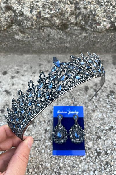 Hobigram Amara Navy Blue Crown and Drop Shuttle Earring Set – Sparkling Evening Dress Bridal Set